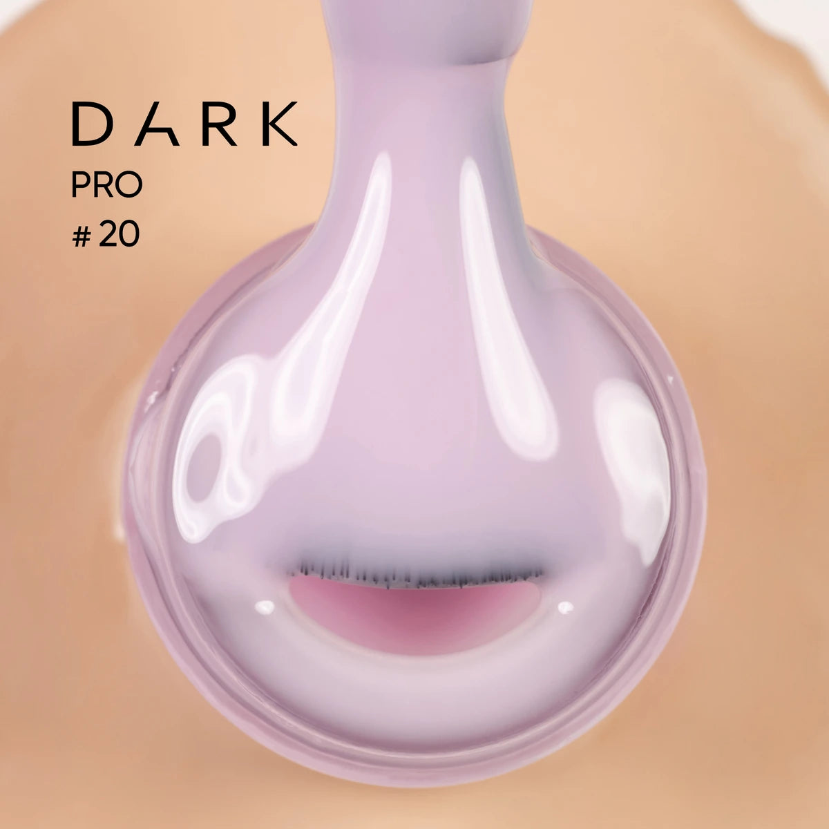 Close-up of pale lavender gel nail polish with glossy finish, labeled DARK PRO #20