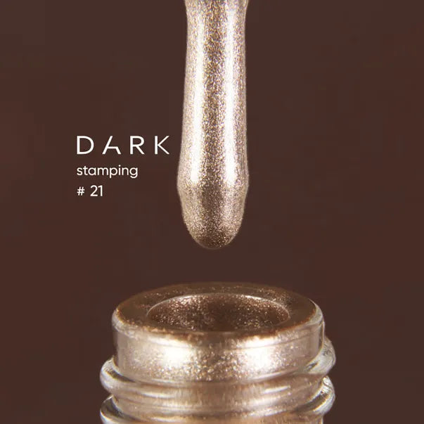 Metallic gold nail polish for stamping art, dropper above open bottle, labeled Dark #21