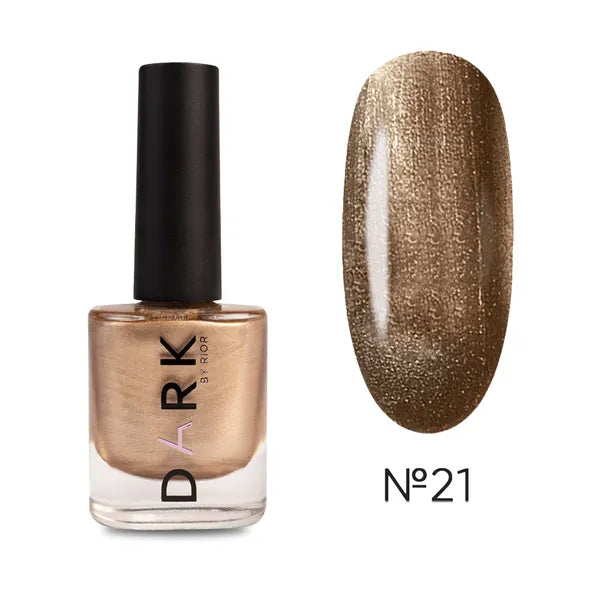 Metallic gold nail polish bottle with swatch and label No21, professional manicure product