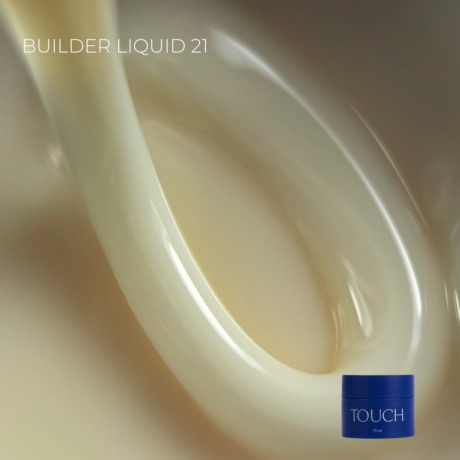 Builder Liquid 21 pouring, close-up with TOUCH 15ml nail product jar for manicure use.