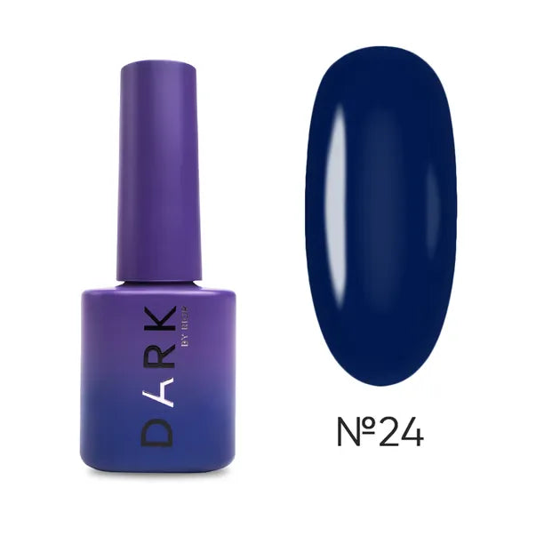 Dark blue gel nail polish bottle and No. 24 color swatch for manicure