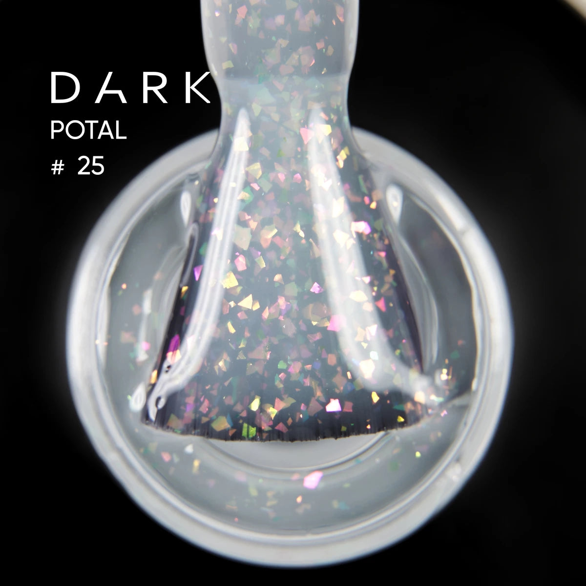 Dark Potal #25 UV gel polish with iridescent glitter flakes for nails, close-up view