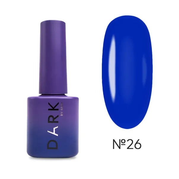 Dark blue gel nail polish bottle with matching swatch, shade number 26