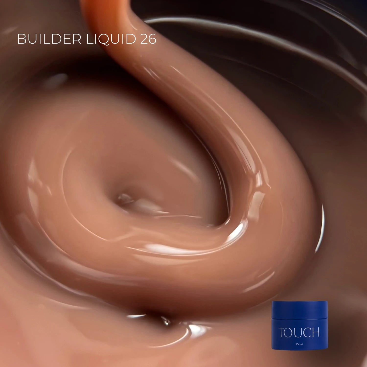 Builder Liquid 26 nude pink UV gel for nails swirling in jar, TOUCH container visible