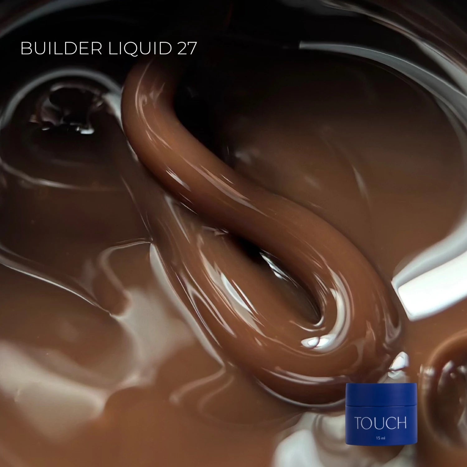 Brown builder gel liquid close-up for nail extensions with TOUCH container, manicure product