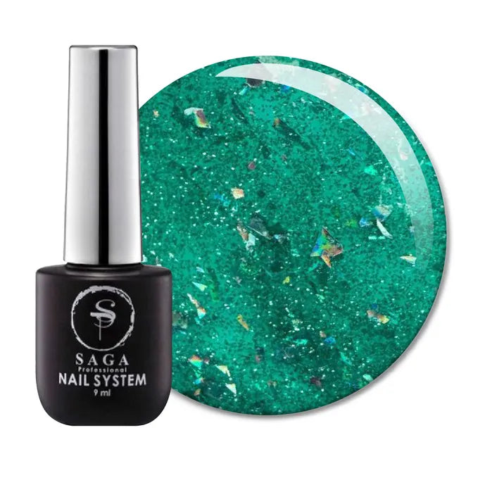 Green glitter gel nail polish bottle with holographic flakes and large polish color sample