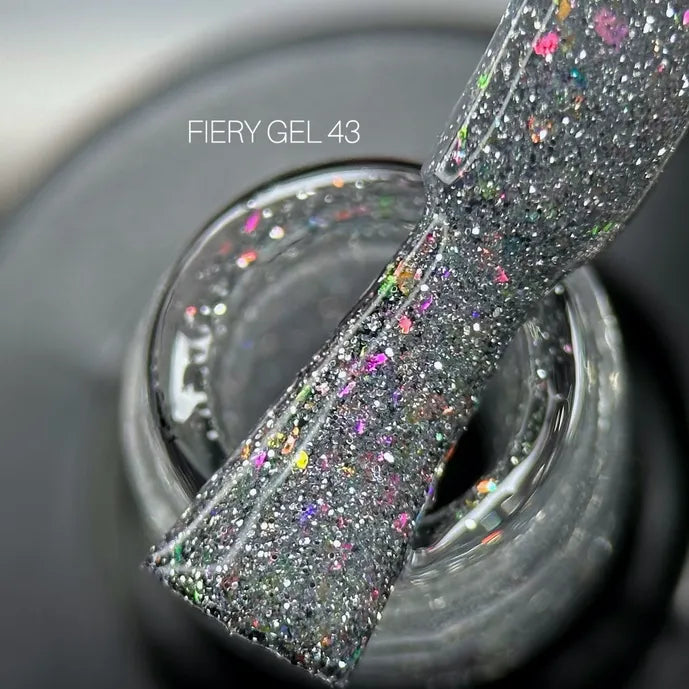 Fiery Gel 43 glitter UV gel nail polish with multicolor sparkles on brush applicator