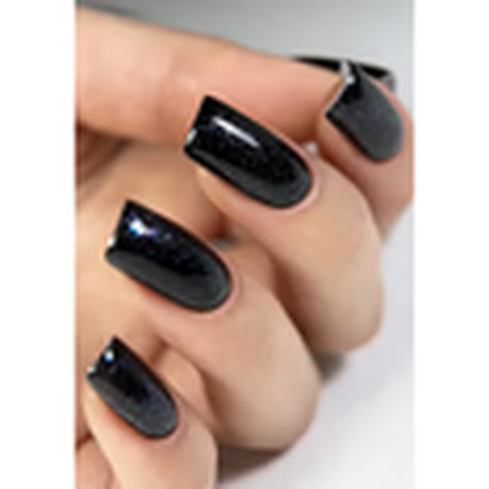 Hand with long square black glitter gel manicure nails