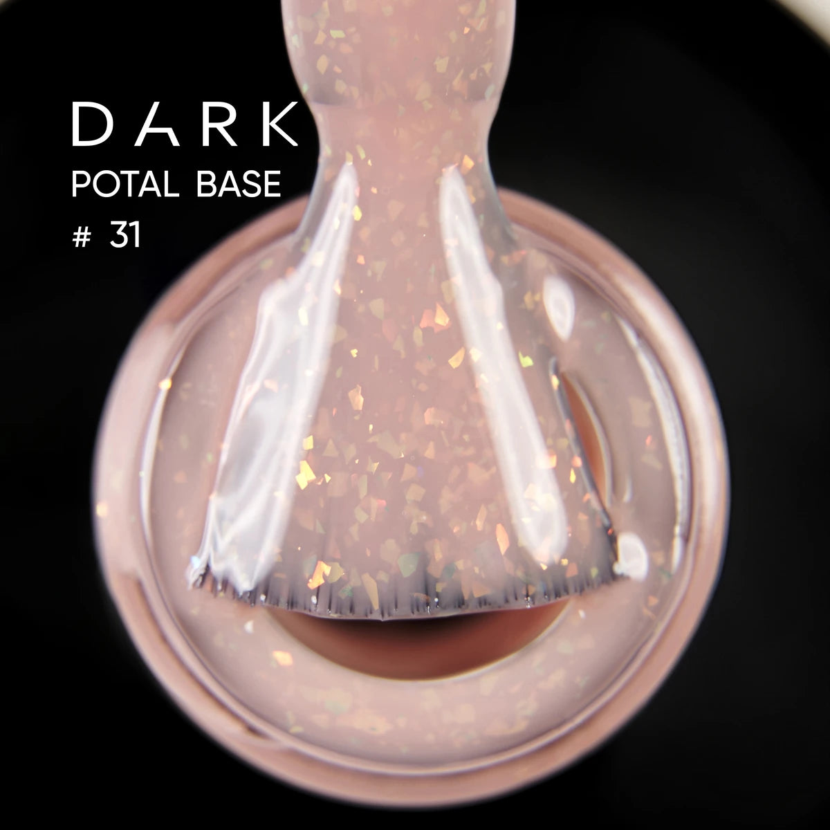 Close-up of brush with pink glitter gel polish labeled Dark Potal Base #31 for nails