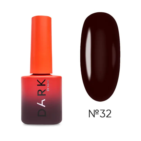 Dark red gel nail polish bottle and swatch, shade No. 32 for manicure