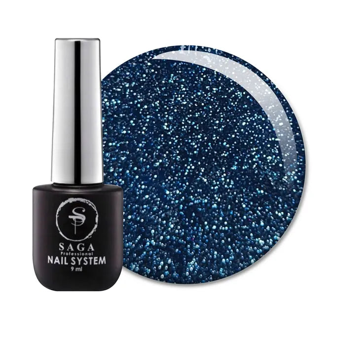 Blue glitter gel nail polish bottle with round swatch, professional manicure product