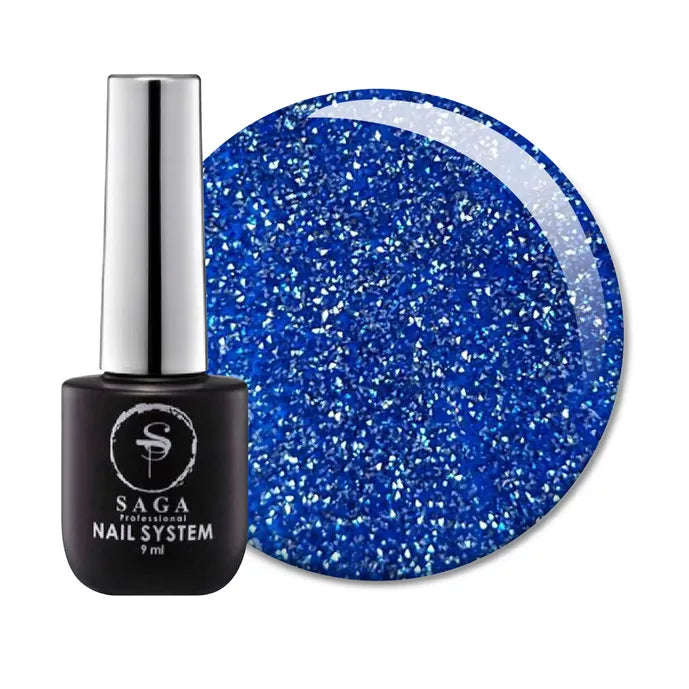 SAGA blue glitter gel nail polish bottle with matching sparkling swatch on white background