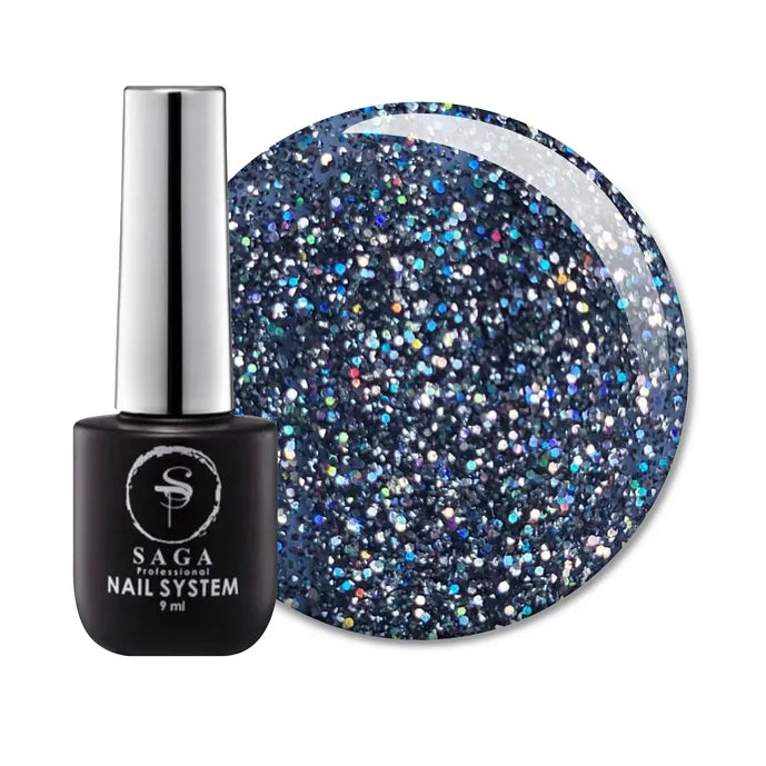 Black nail polish bottle with silver glitter gel sample for manicures and nail art