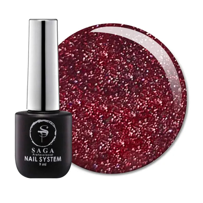 Bottle of UV gel nail polish with dark red glitter swatch, professional manicure product