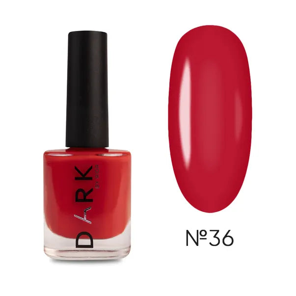 Red nail polish bottle with matching swatch, shade number 36, for manicure.