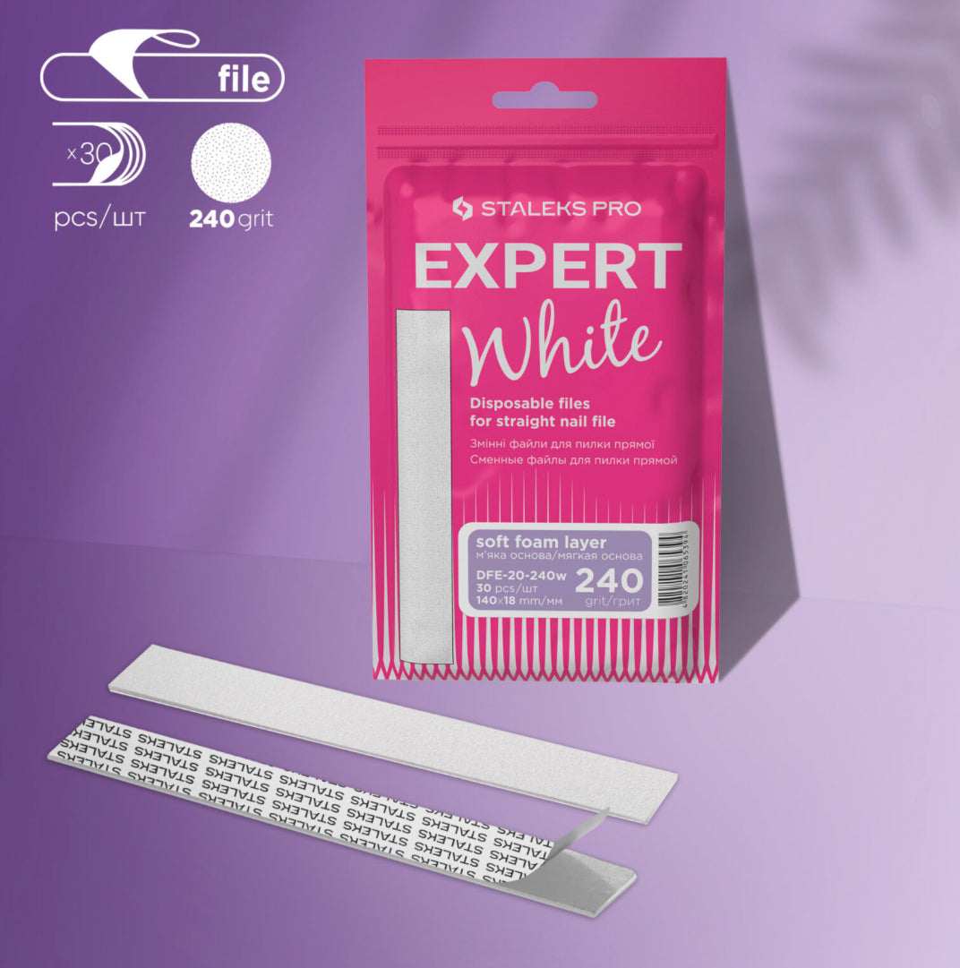 Staleks Pro Expert White 240 grit disposable nail file refills, pack of 30, on pink background