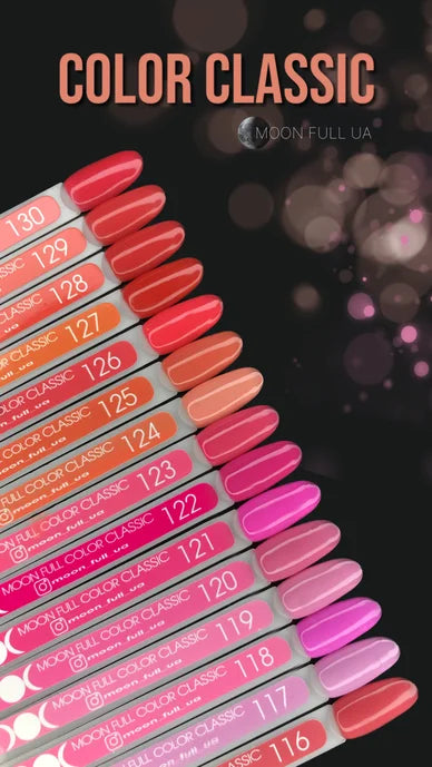 Assorted color classic nail polish swatches, ranging from pink to orange shades on display sticks
