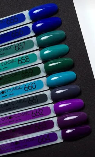 Nail polish color samples in blue, teal, green, and purple shades on swatch sticks