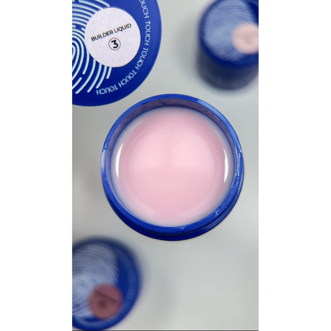Open jar of pink builder gel for nails with blue lid and label for manicure use
