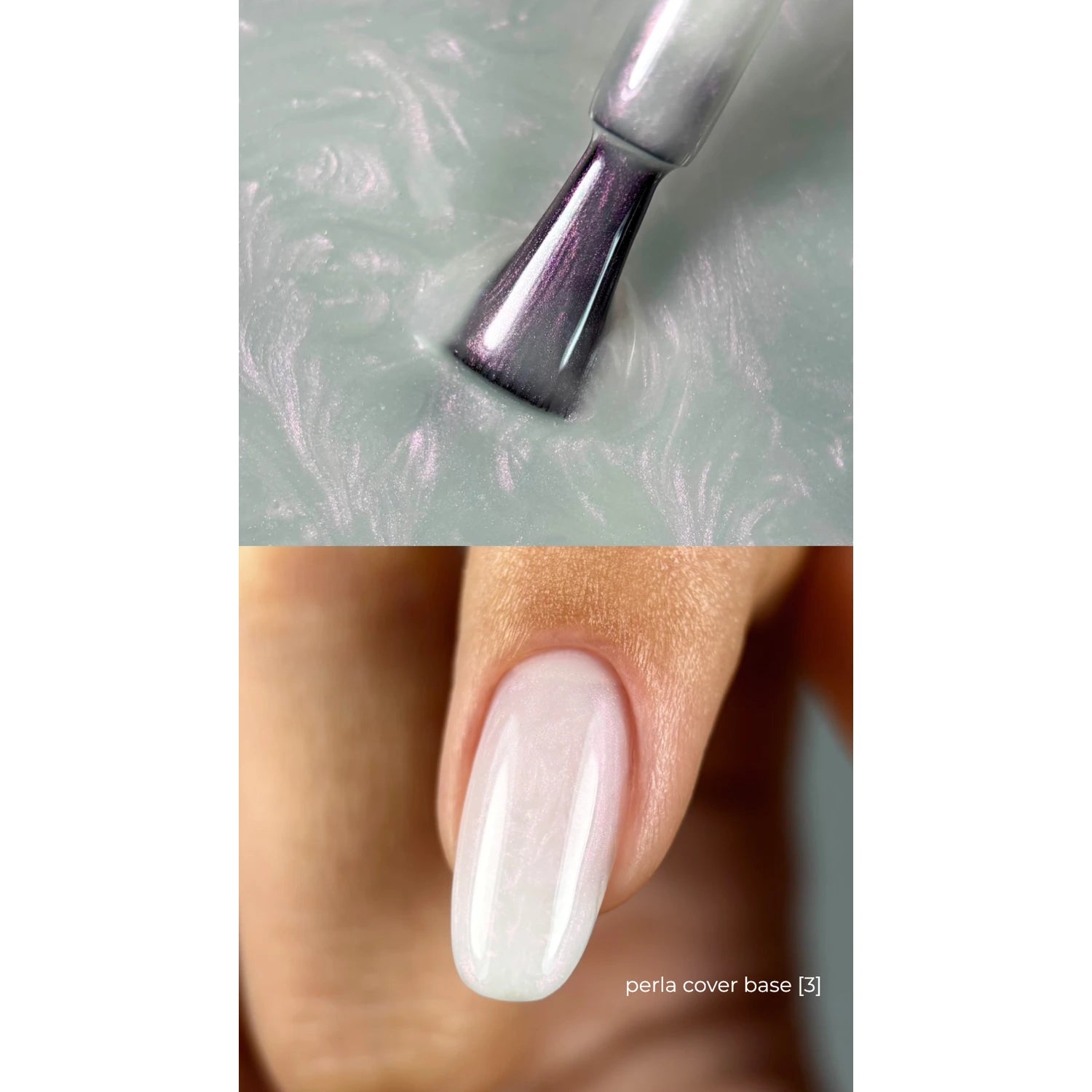 Iridescent pearly base gel being applied and shown on a manicured nail, perla cover base.