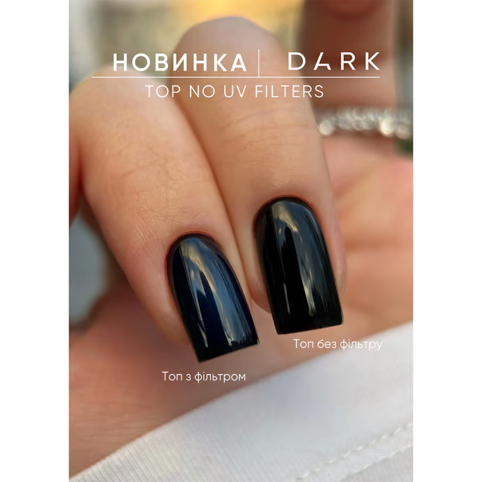 Close-up of hand with glossy black gel nails, showing UV filter and no-filter manicure comparison.