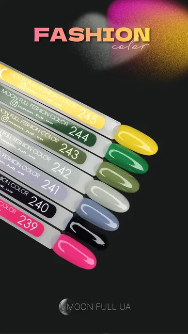 Assorted nail gel color samples in yellow, green, black, grey, purple, and pink shades on display sticks.