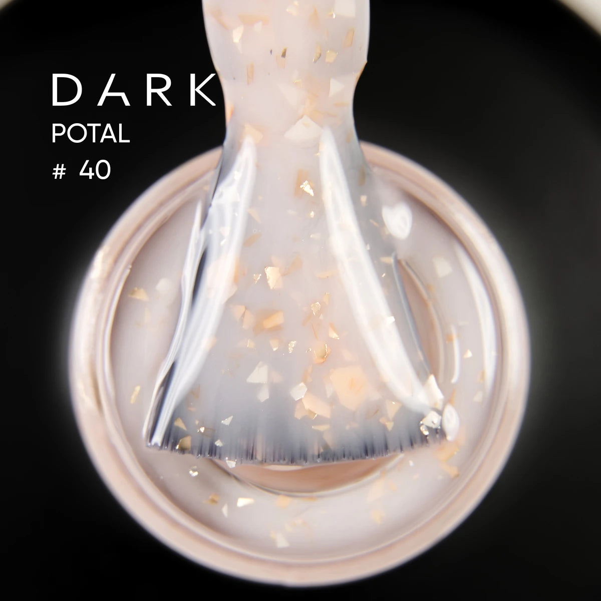 Brush dipped in milky nail gel with gold flakes, labeled Dark Potal #40 for manicure use