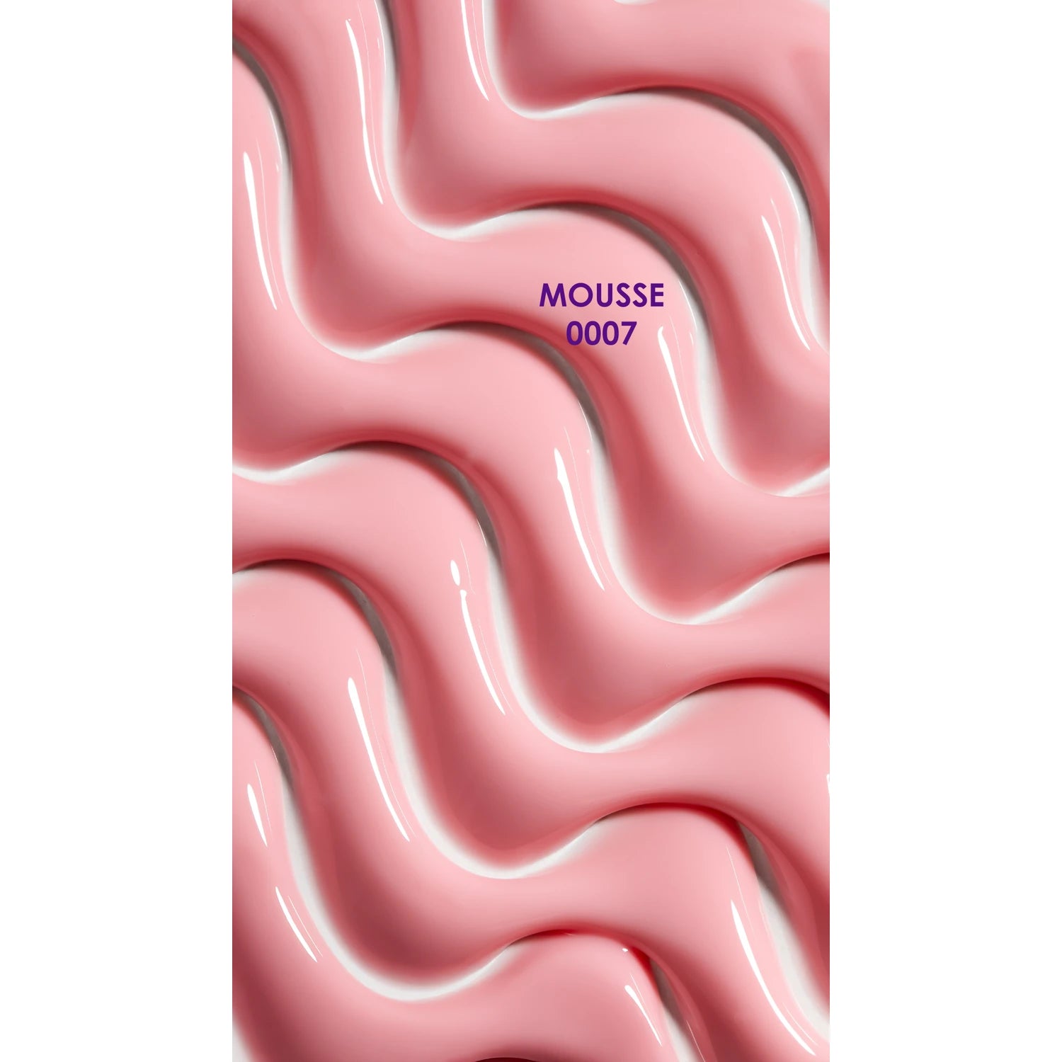 Glossy pink wavy nail gel texture with MOUSSE 0007 label for manicure products