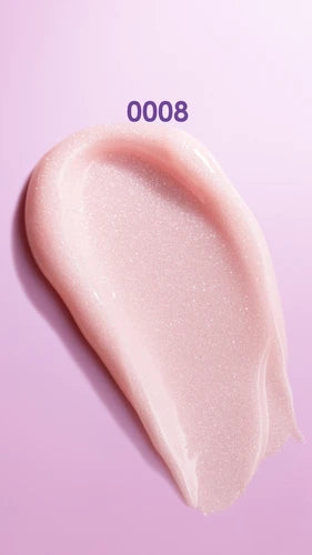Swatch of light pink glitter nail gel polish on a lavender background with shade number 0008.