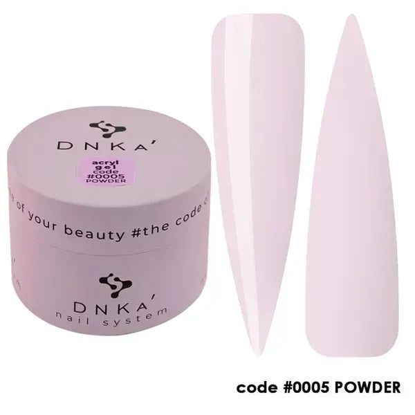 Light pink acrylic nail powder jar with two long coffin-shaped nail samples, code #0005.