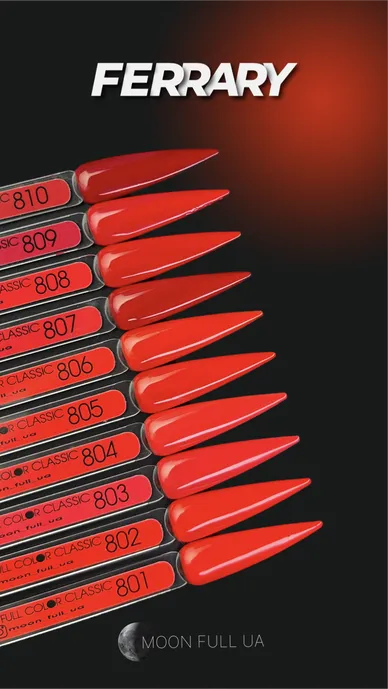 Red nail polish color swatches labeled 801 to 810 displayed in a fan shape on black background.