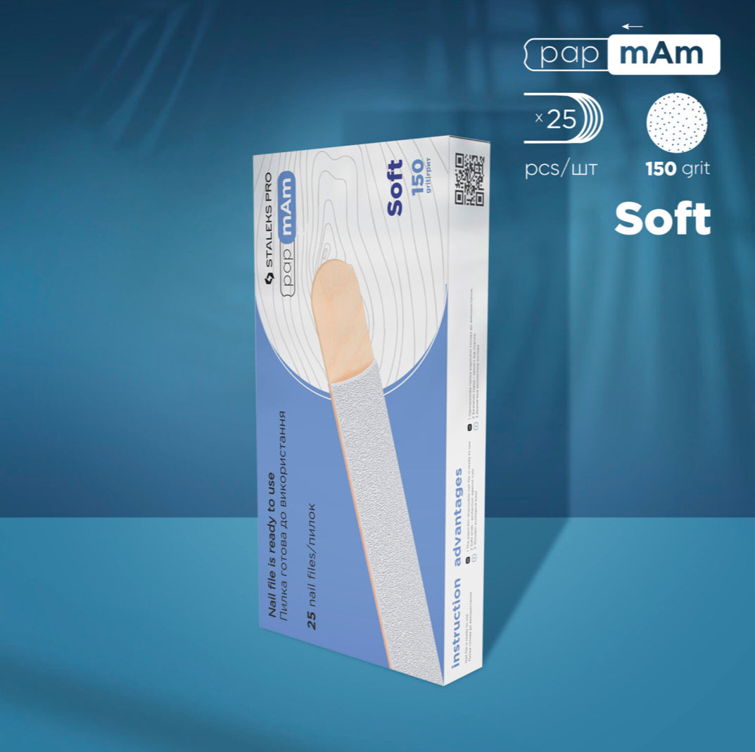 Box of Staleks Pro pap mAm soft 150 grit nail files, 25 count, on blue background