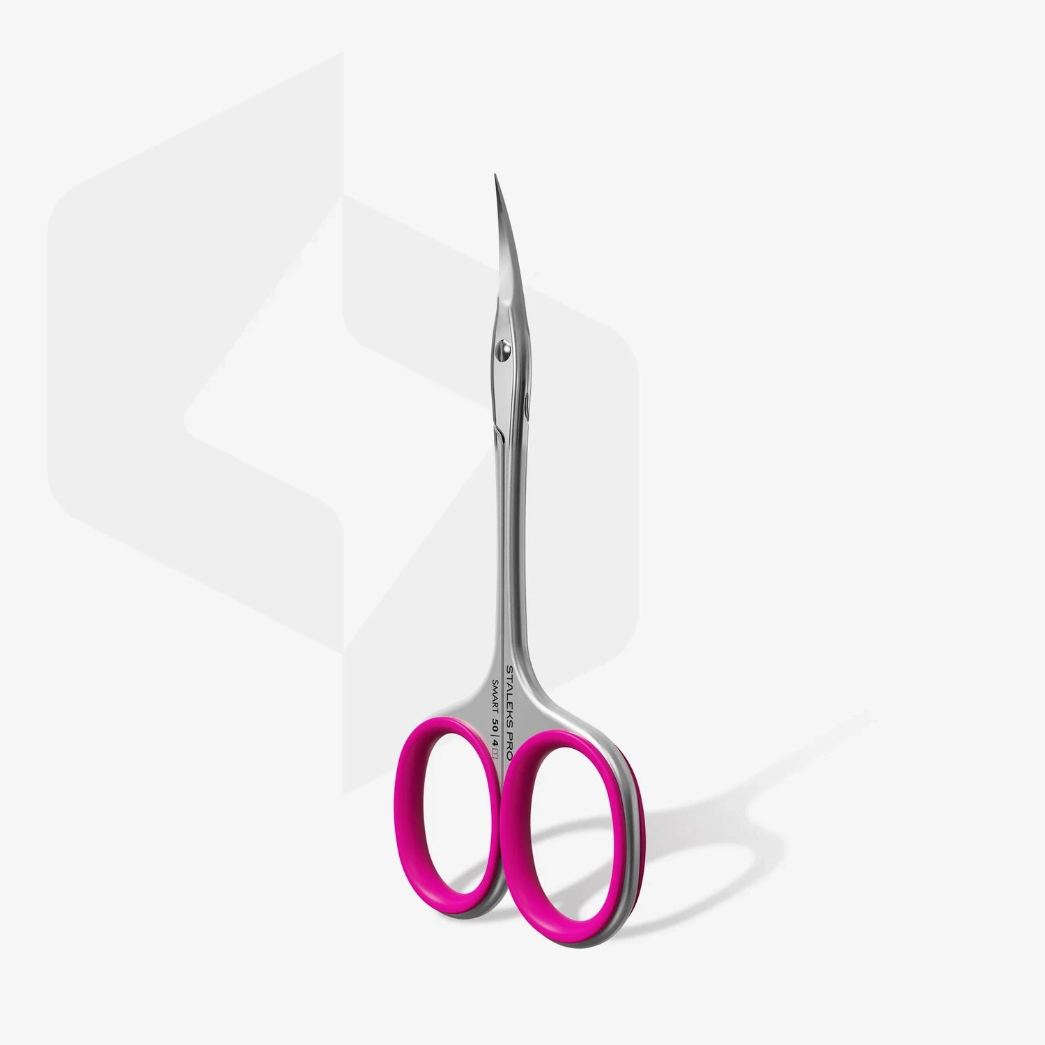 Stainless steel manicure scissors with curved blade and pink handles on white background