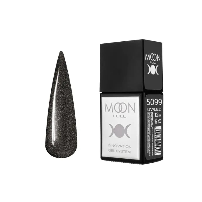 Black shimmer gel nail polish bottle with matching swatch, UV LED innovation gel system