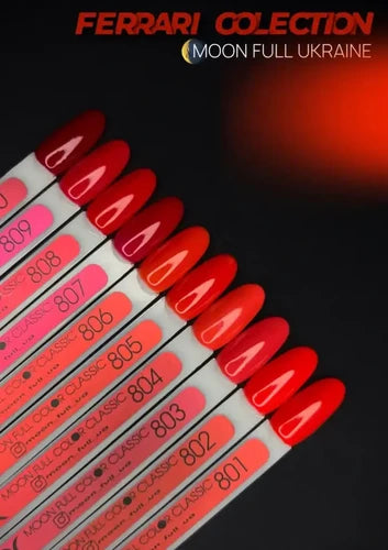 Set of red and orange nail polish color samples for manicure, labeled as Ferrari Collection.