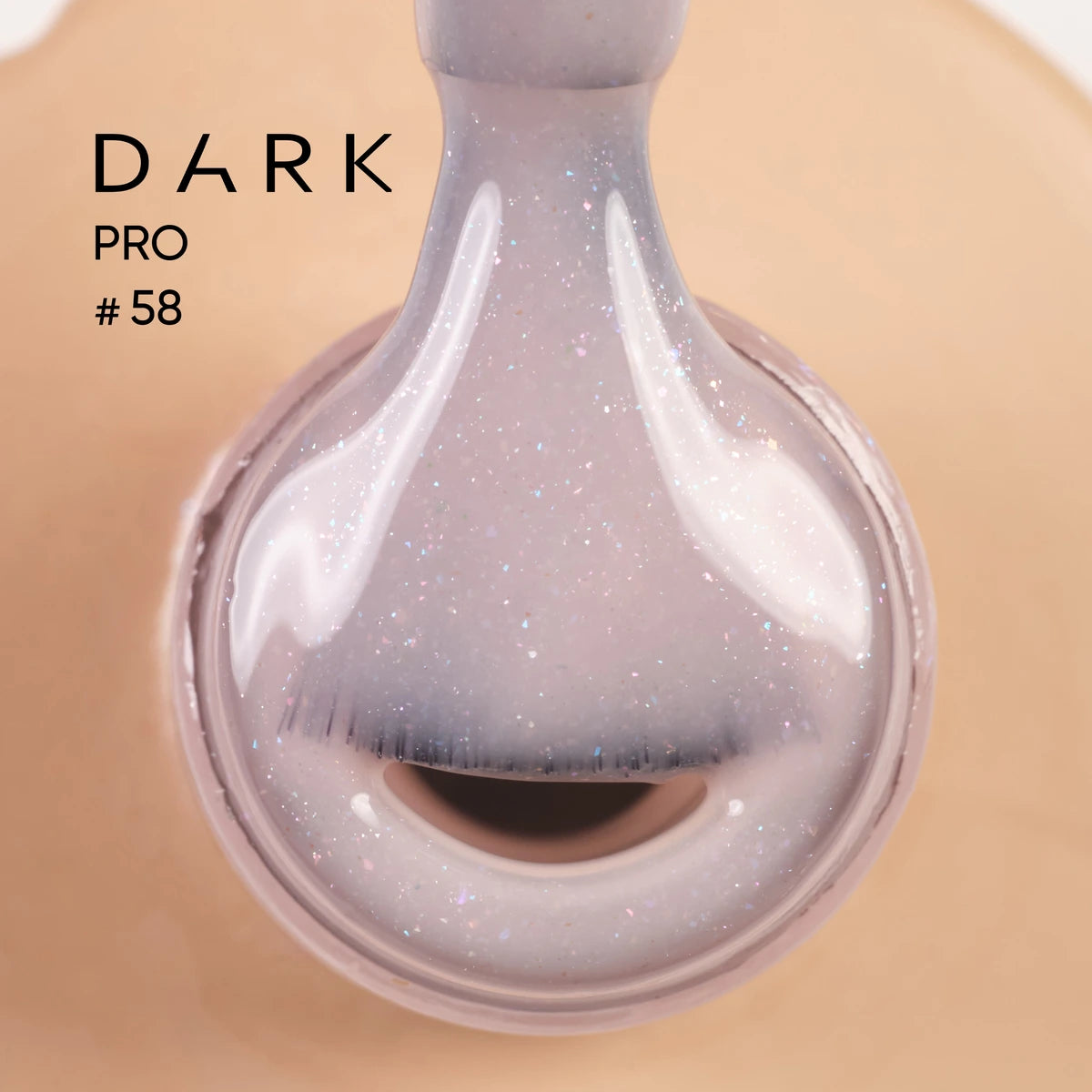 Iridescent glitter nail gel polish on brush above open bottle, labeled Dark Pro #58