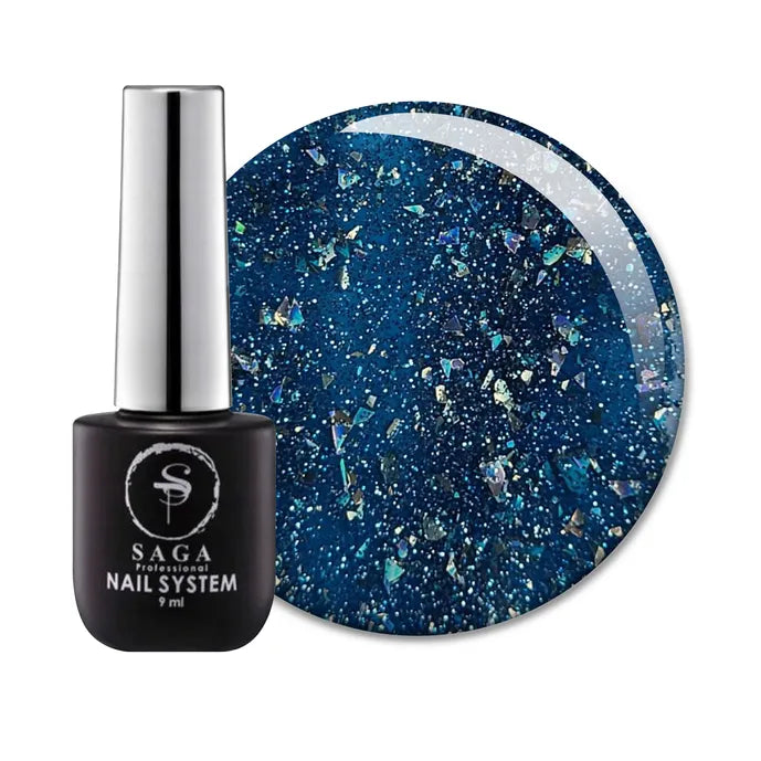 Saga Professional blue glitter UV gel nail polish bottle with swatch