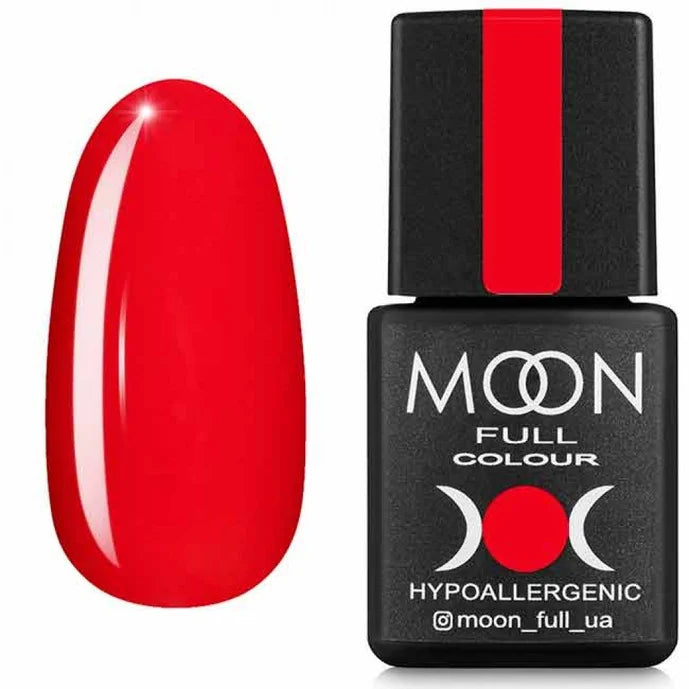 Red nail polish with Moon Full Colour bottle on a white background