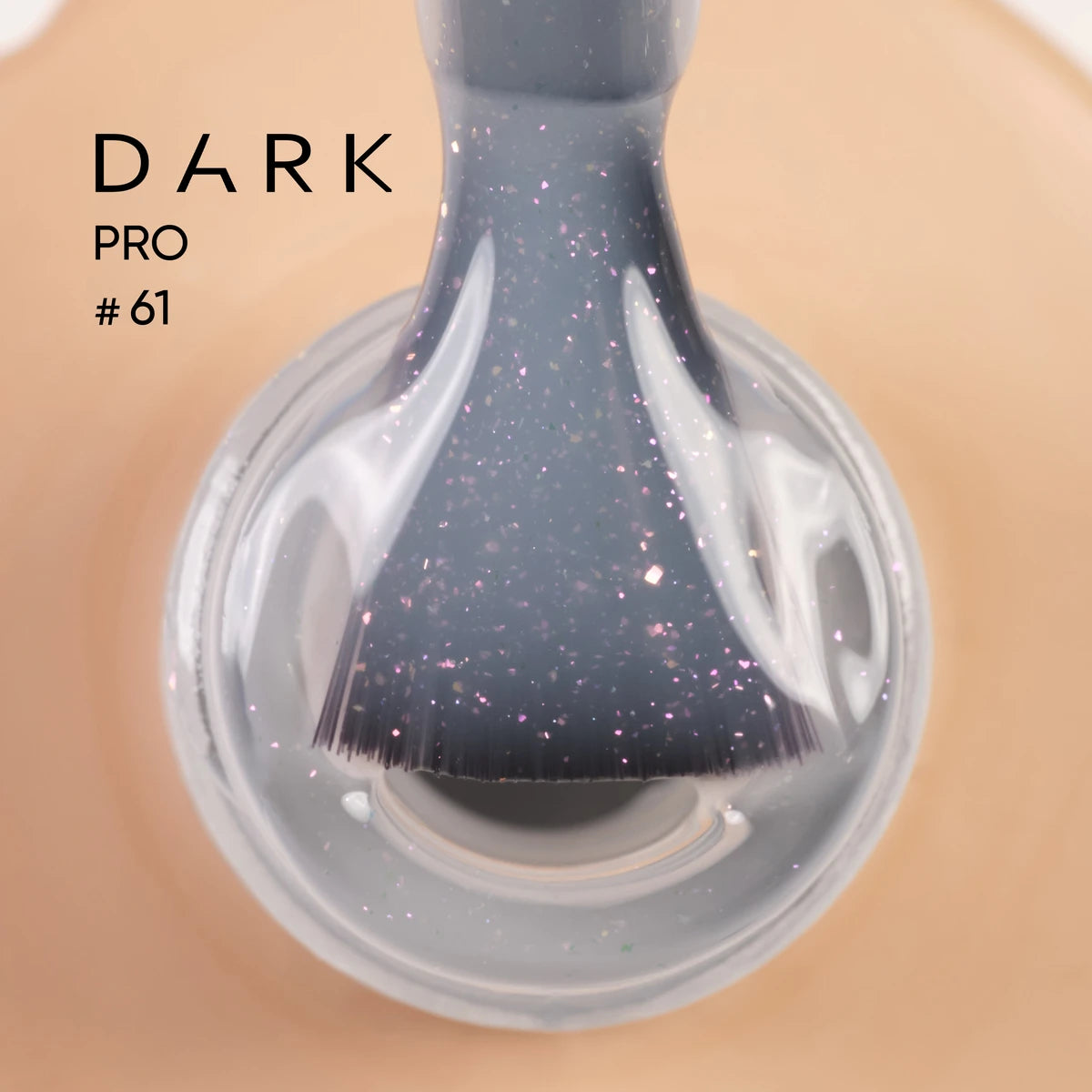 Dark glitter gel polish brush with purple sparkles, close-up, professional nail product
