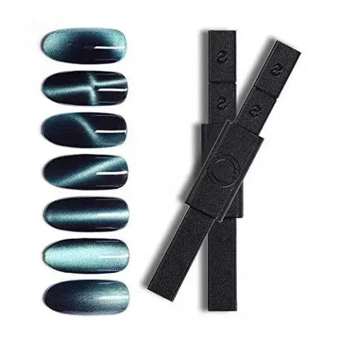 Cat eye magnetic nail polish swatches in teal with black magnetic wands on white background