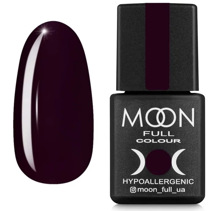Gel polish bottle and swatch in deep plum color, hypoallergenic formula for manicure