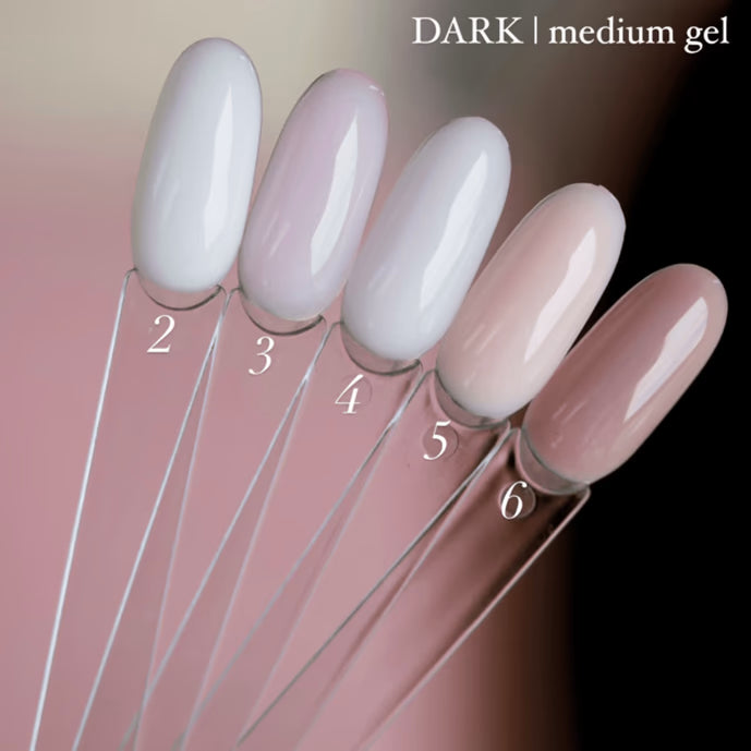 Medium gel nail swatches in natural pink and nude shades, labeled 2 to 6