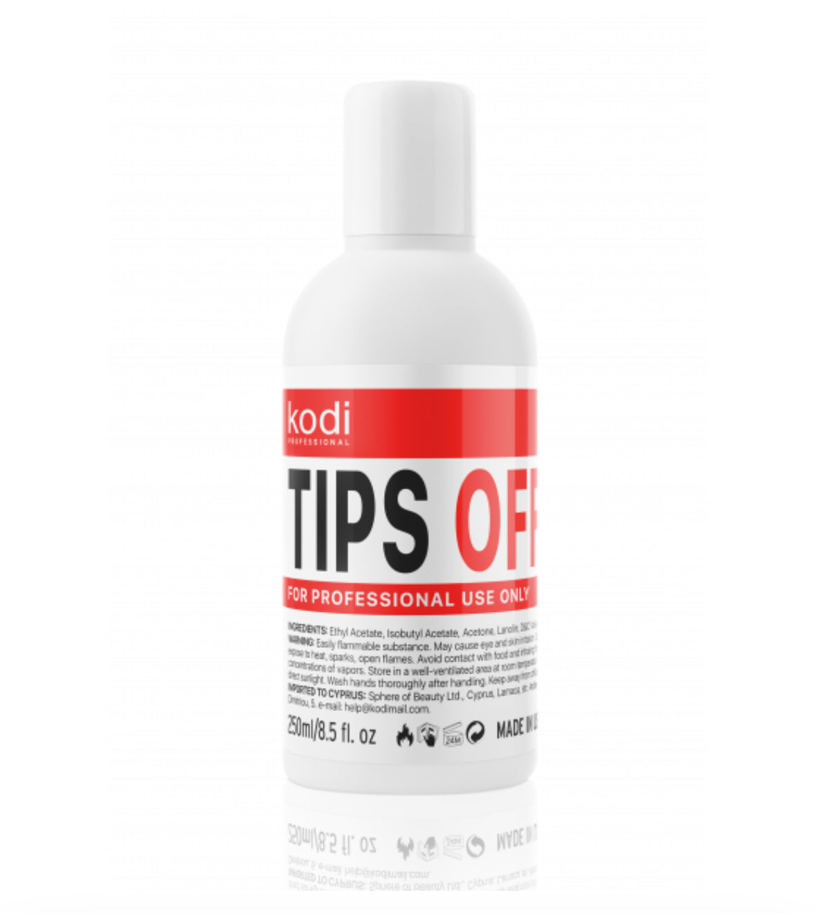 Kodi Professional Tips Off nail product bottle for removing gel polish, 250ml size, white background