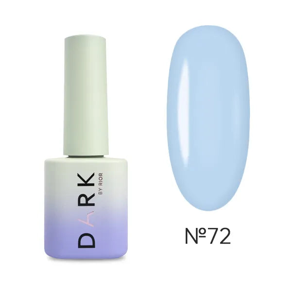 Light blue gel nail polish bottle and swatch, shade number 72, manicure product