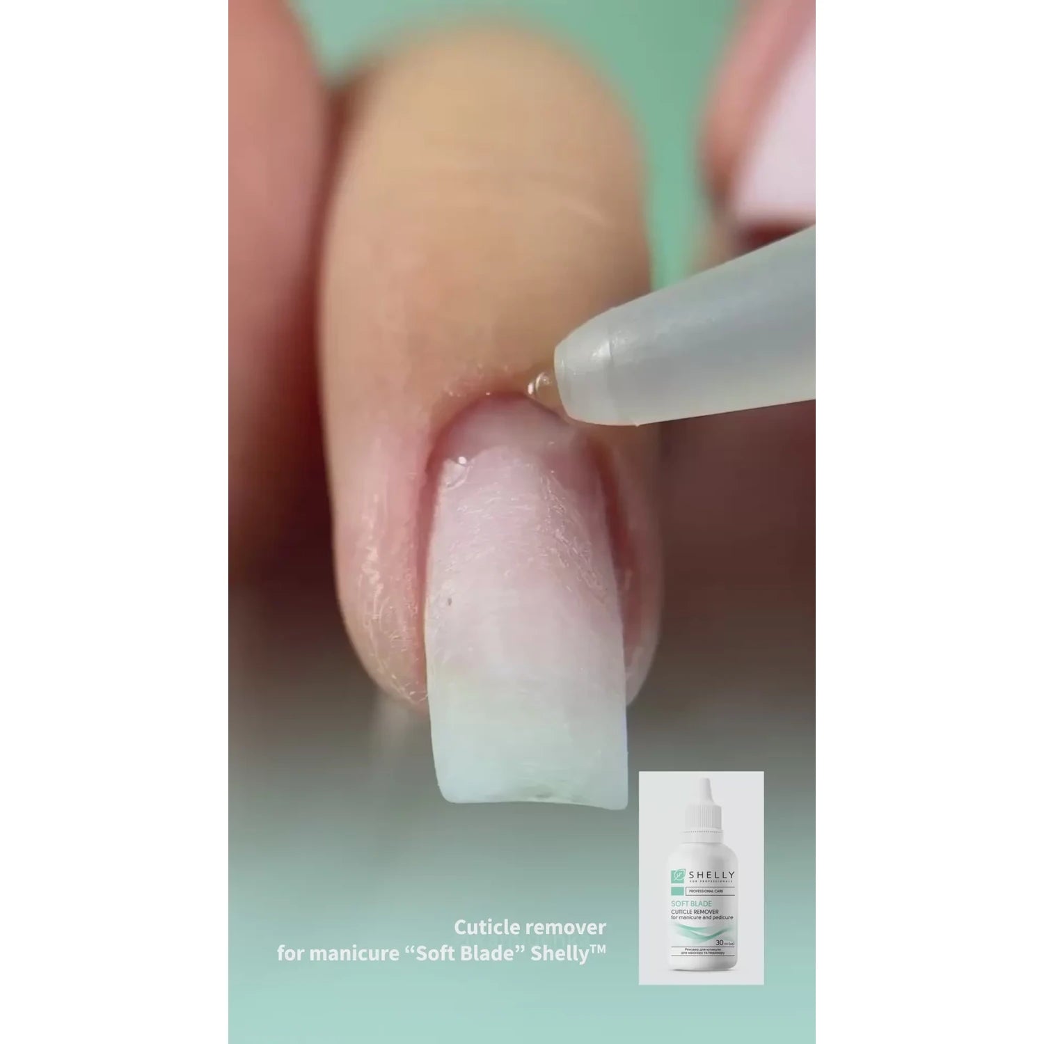 Close-up of cuticle remover gel being applied to fingernail during manicure