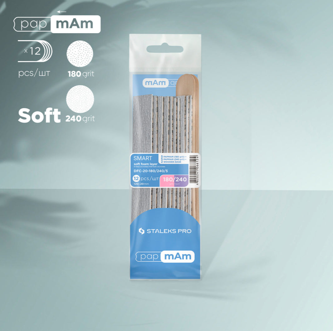 Pack of 12 soft foam nail files, 180 and 240 grit, for professional manicure.