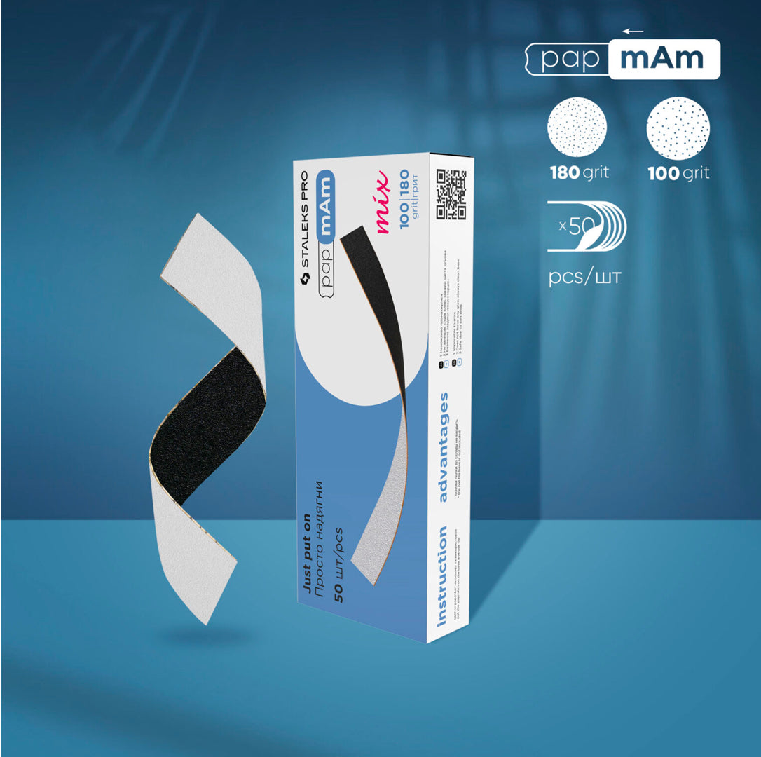 Staleks Pro pap mAm nail file refill strips 100/180 grit, box of 50, on blue background