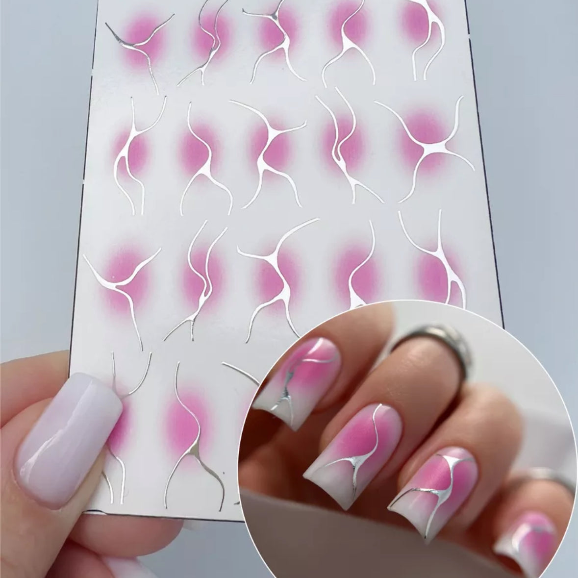 Pink and silver abstract nail art sticker sheet with example manicure design