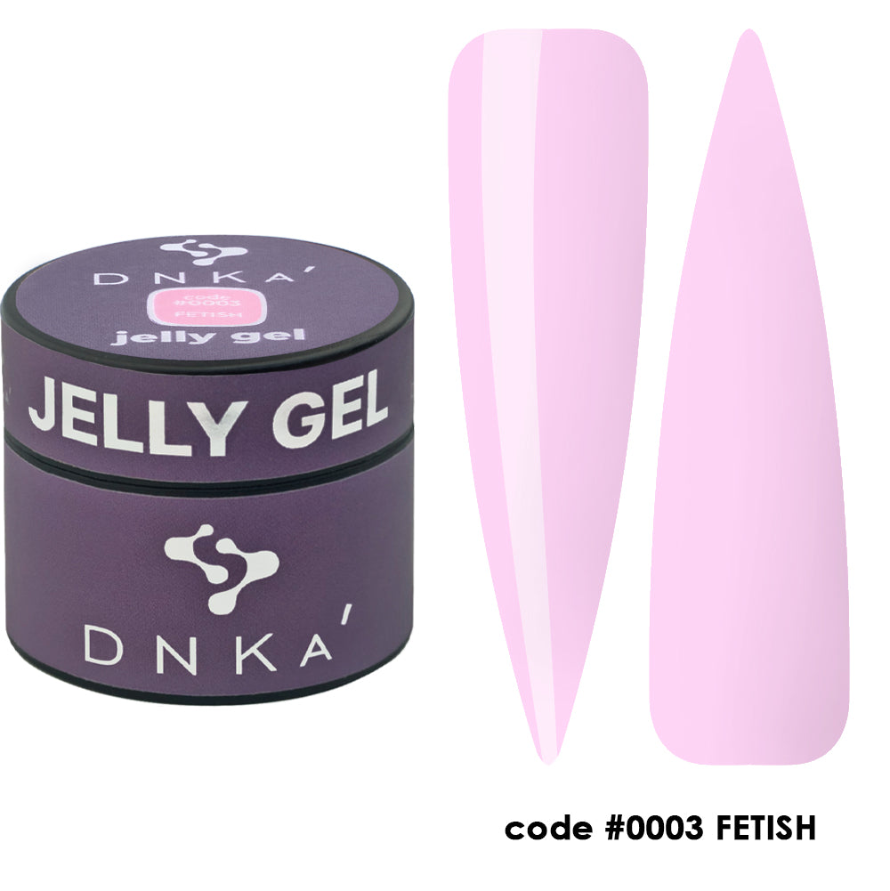 DNKA jelly gel polish container with two samples of pastel pink nail color, code 0003 FETISH