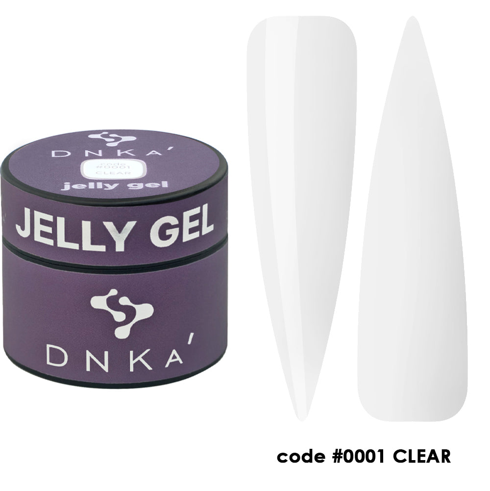 Clear jelly gel nail polish in a purple container with two nail swatches, code 0001